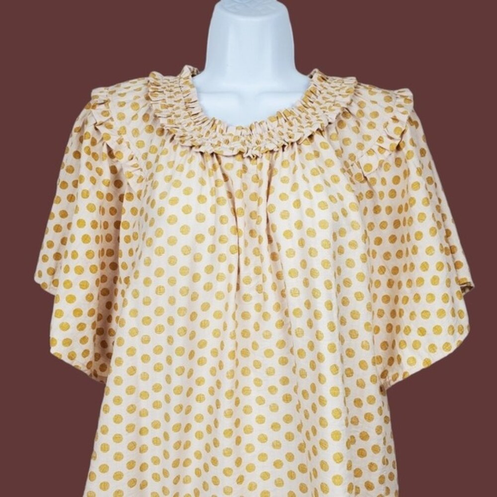 Voy Womens Wide Sleeve Mustard Yellow Polka Dot Ruffle Neck Top Size S NWT - Picture 2 of 5